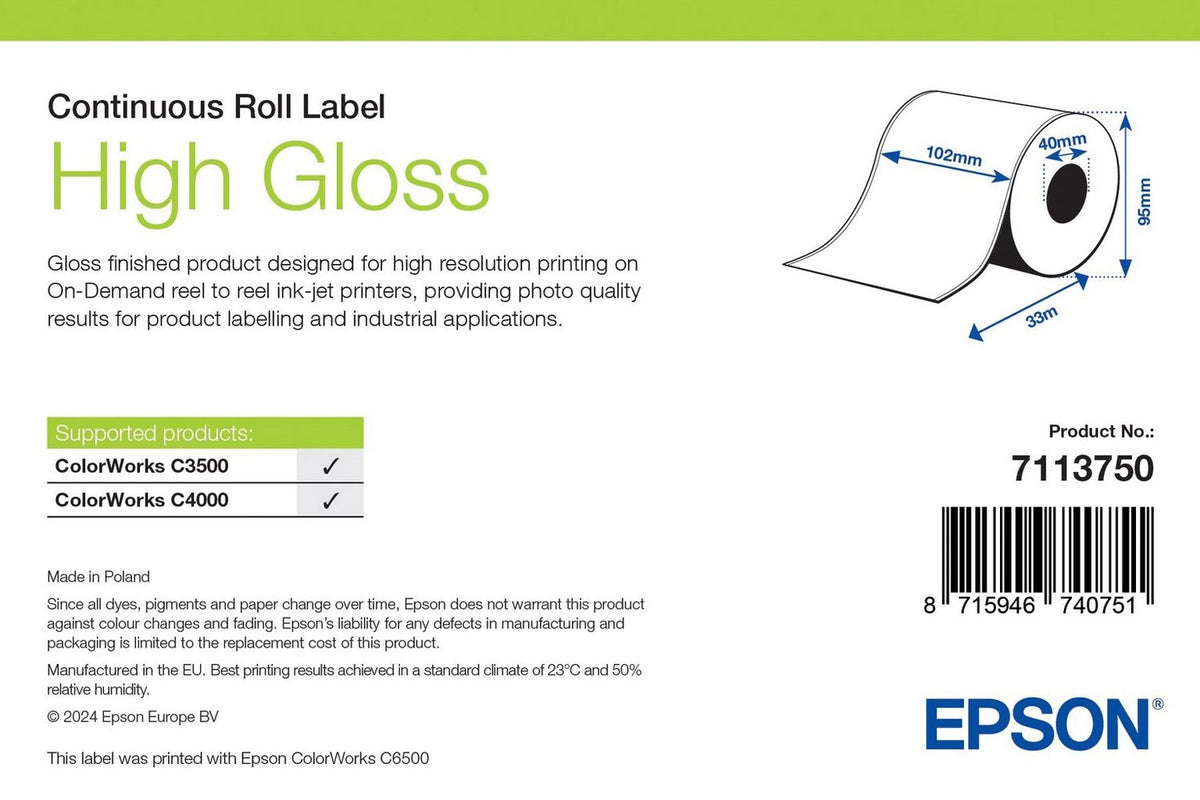 Epson ETICHETE Etichetă lucioasă, Rolă continuă, 102mm x 33m