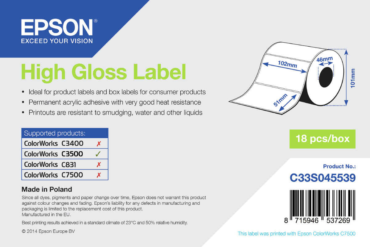 Epson ROLE ETICHETE LUCIOASE HIGH GLOSS 102mmx51mm 610 ETICHETE C3500