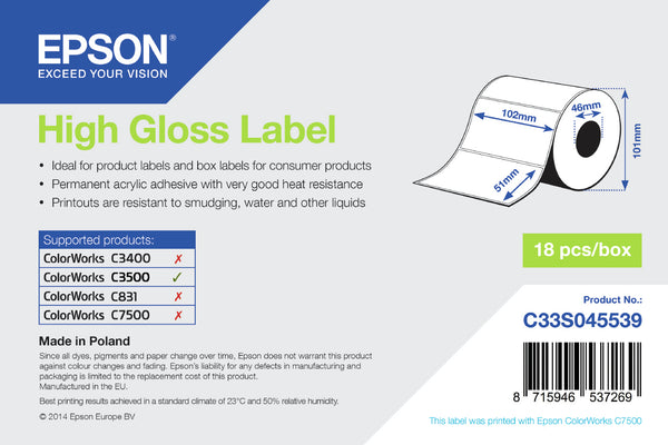 Epson ETICHETE HIGH GLOSS LABEL ROLL 102mmx51mm 610 LABELS C3500
