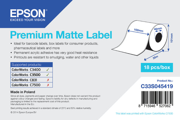 Epson ETICHETE PREMIUM MATTE LABEL CONTINUOUS ROLL 102mmx35M C3500