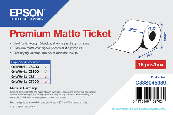 Epson TICKET ROLL PREMIUM MATTE 80MMx50M C3500 C3400