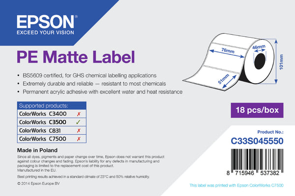 Epson ETICHETE PE MATTE ROLL 76x51MM 535 LABELS C3500