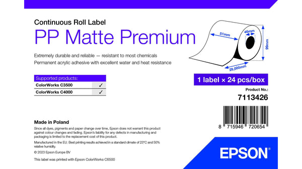 Epson ETICHETE PP Matte Label Premium, Continuous Roll, 51mm x 29m