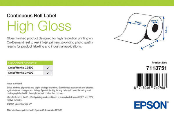 Epson ETICHETE High Gloss Label, Continuous Roll, 76mm x 33m