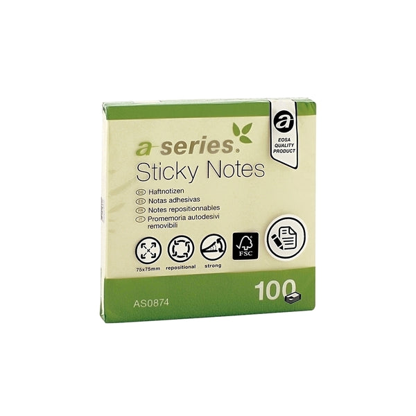 A-series Notite adezive, 75 x 75 mm, galben, 100 file