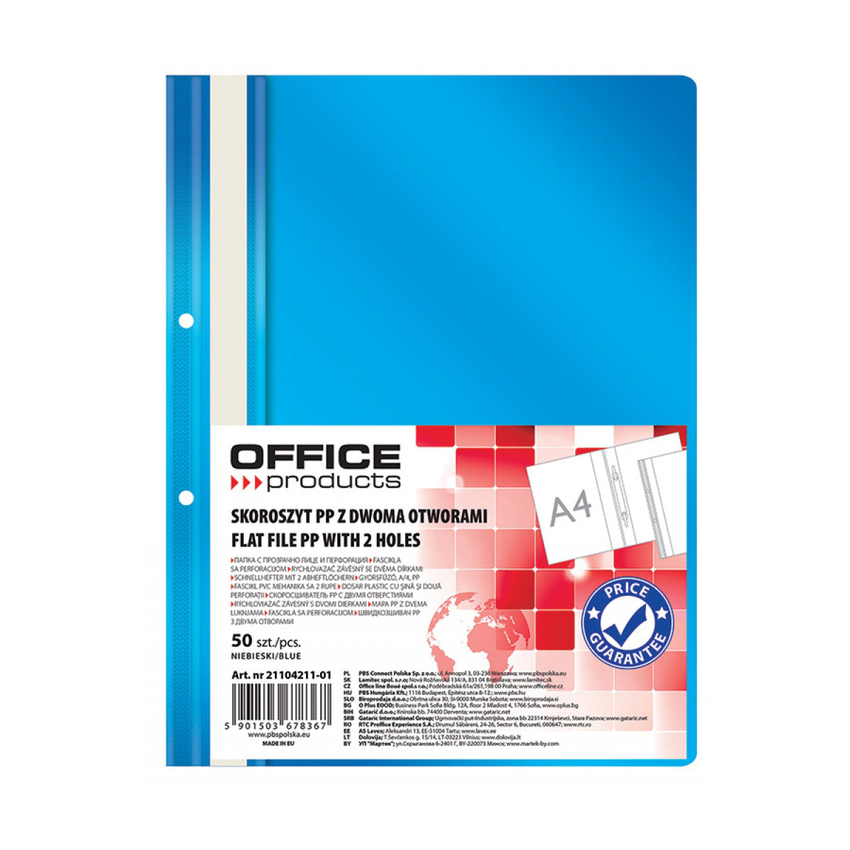 Office Products Folder cu șină și 2 perforații, A4, plastic, albastru, 50 bucăți/set