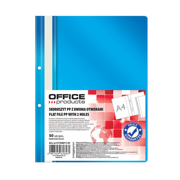 Office Products Folder cu șină și 2 perforații, A4, plastic, albastru, 50 bucăți/set