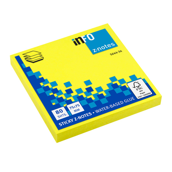 Info Notițe adezive Z-notes, 75x75 mm, galben neon, 80 file/set