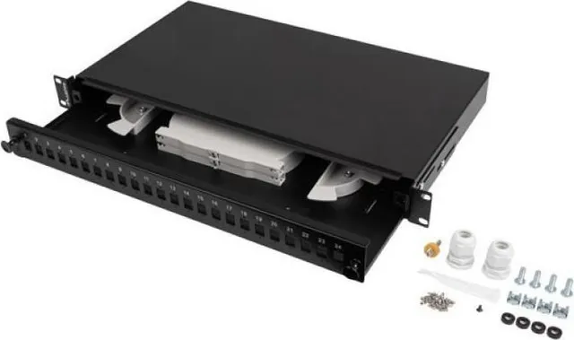 Patch panel fibră rack 19" 1U 24x SC simplex / 24x LC duplex, negru + accesorii