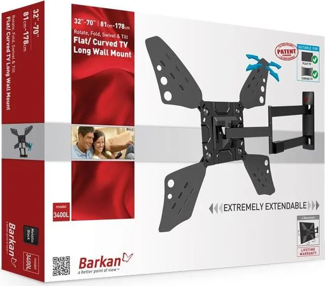 Suport TV de perete, Barkan 3400LW.W, Fix, 40"- 70", VESA 600 x 400 mm, suporta pana la 25kg, alb