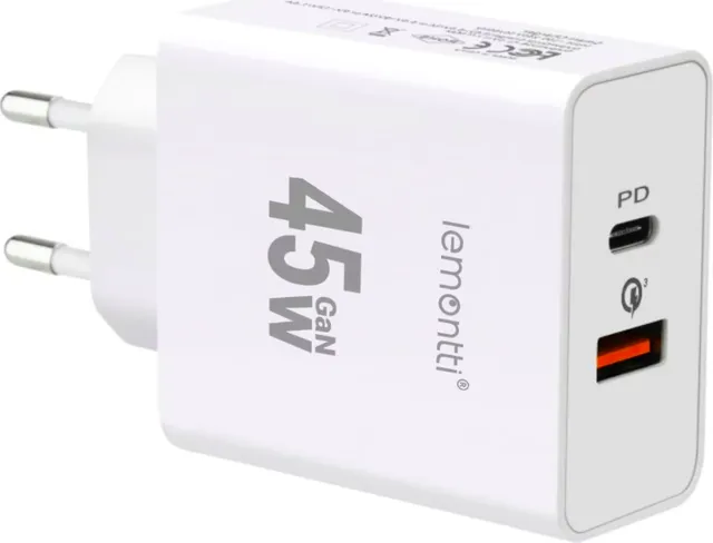 Lemontti Încărcător Rețea GaN Fast Charge 45W 1x USB-C 1x USB-A Alb
