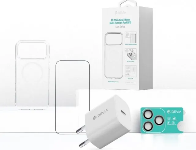 Devia Set 4 in 1 iPhone 17 Pro Max Incarcator retea GaN PD 30W + husa silicon Magsafe + folie sticla