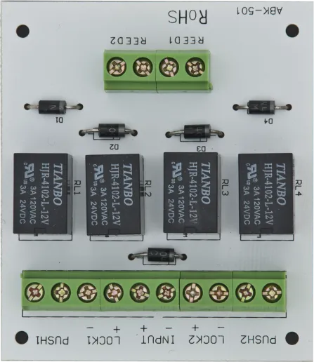 Modul electronic pentru doua usi cu incuietori tip fail-safe cu monitorizare sau buton