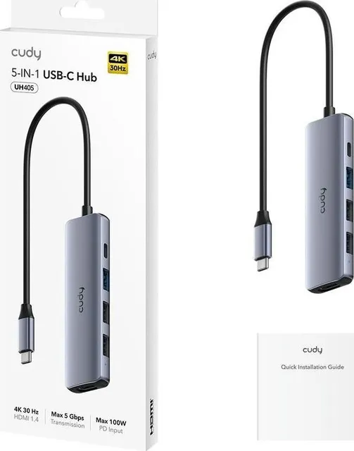 Hub USB CUDY 5-IN-1 USB Hub, USB-C, 5 porturi, HDMI, Argintiu