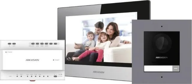 Kit videointerfon IP Hikvision DS-KIS702, conexiune pe 2 fire, pentru o singura familie