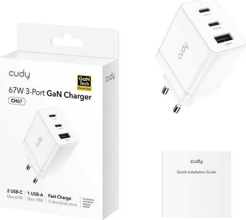 Incarcator retea CUDY CH67, 67W, 3 porturi, alb