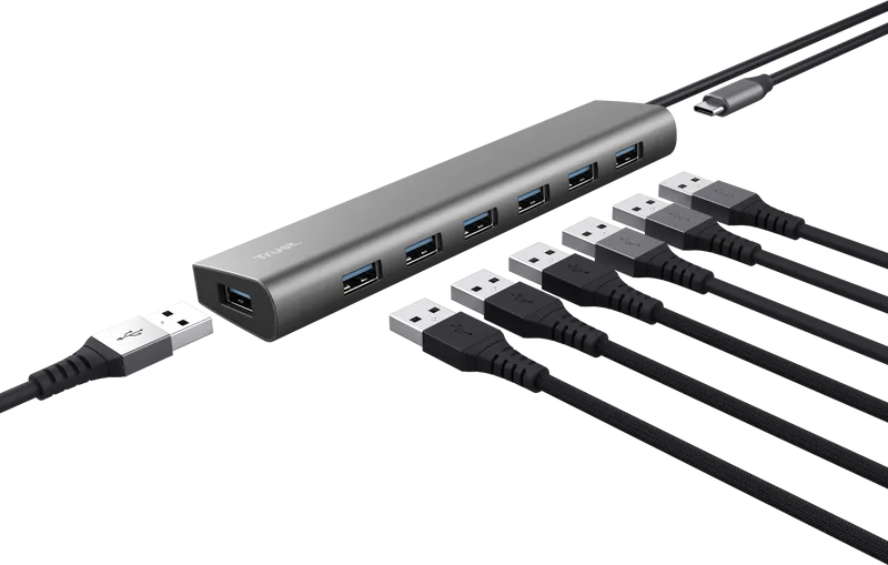 Hub USB Trust Halyx USB-A, 7 porturi, Gri