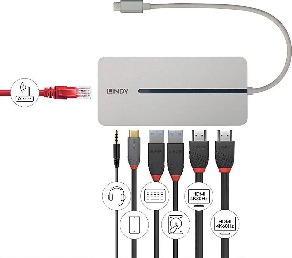 Hub USB Lindy DST-Mx Duo, USB-C, 10 porturi, HDMI, RJ-45, Argintiu