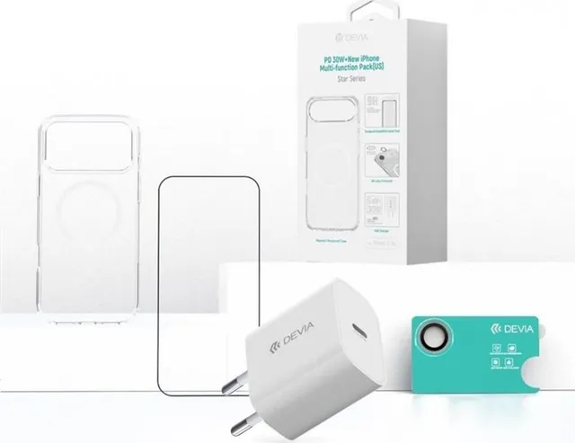 Devia Set 4 in 1 iPhone Air Incarcator retea GaN PD 30W + husa silicon Magsafe + folie sticla Military-Grade