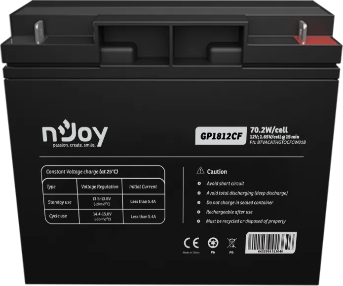 Acumulator NJOY GP1812CF 12V 181x77x167mm, Cycle use 14.4V- 15.0V max. current 5.4A, Float use 13.5V- 13.8V