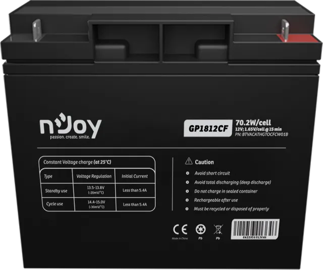 Acumulator NJOY GP1812CF 12V 181x77x167mm, Cycle use 14.4V- 15.0V max. current 5.4A, Float use 13.5V- 13.8V