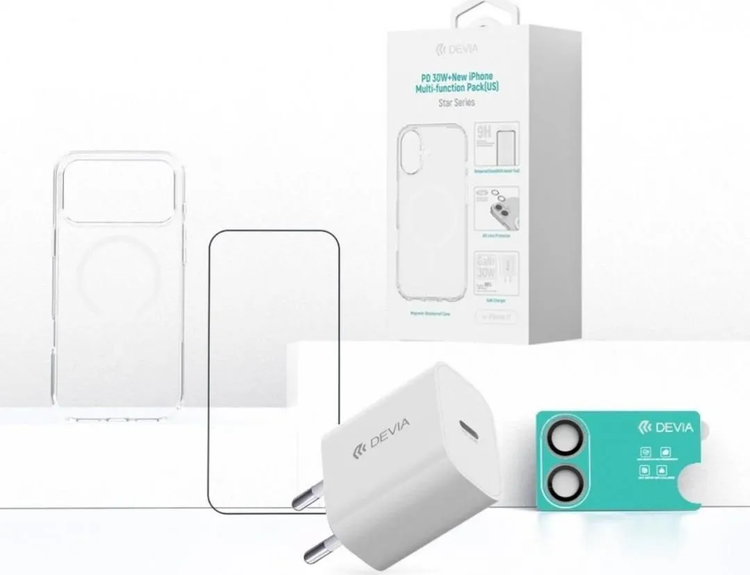 Devia Set 4 in 1 iPhone 17 Incarcator retea GaN PD 30W + husa silicon Magsafe + folie sticla Military-Grade cu