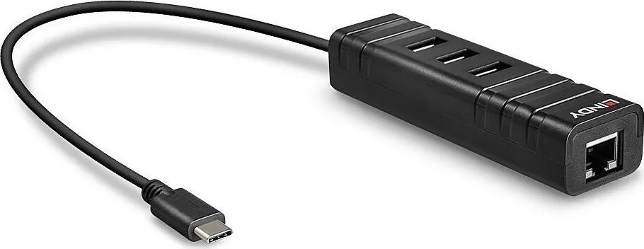 Hub USB Lindy 43249 USB-C, 4 porturi, RJ-45, Negru