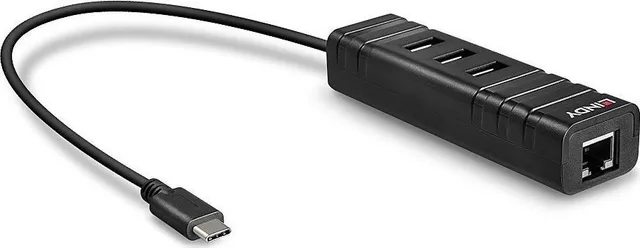Hub USB Lindy 43249 USB-C, 4 porturi, RJ-45, Negru