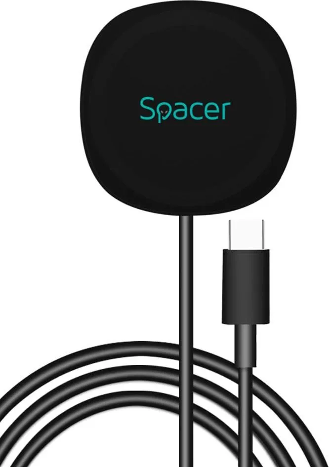 Incarcator wireless Spacer, Quick Charge 15W Qi, conector Type-C, rol de stand prin prindere magnetica, negru
