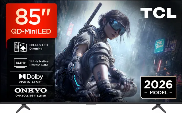 Televizor TCL QD-MiniLED 85T8D, 215 cm, Smart Google TV, 4K Ultra HD, 144Hz, Onkyo