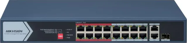 Switch PoE Hikvision DS-3E0318P-E/M(C): 16 × 10/100 Mbps PoE port, 1× Gigabit RJ45 port, 1 × Gigabit combo