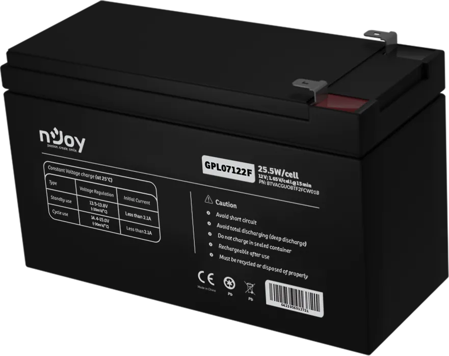 Acumulator nJoy GPL07122F 12V 22.72W/cell, Capacitate 22.72W/cell evaluat la 1, 65V/cell@15 min), Tensiune 12V