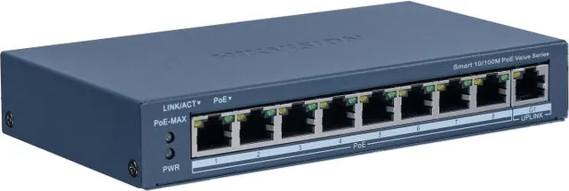Switch PoE Hikvision DS-3E1309P-EI/M: 8 × 10/100 Mbps PoE port, 1 × Gigabit RJ45 port, 8 porturi PoE maxim 30W