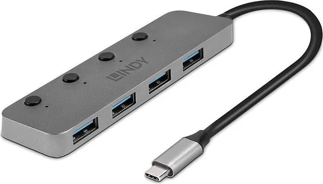 Hub USB Lindy 43383 USB-C host, 4 porturi USB-A, Gri