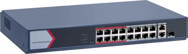 Switch PoE Hikvision DS-3E1318P-EI/M: 16 × 10/100 Mbps PoE port, 1 × Gigabit combo, 1 × Gigabit RJ45 port