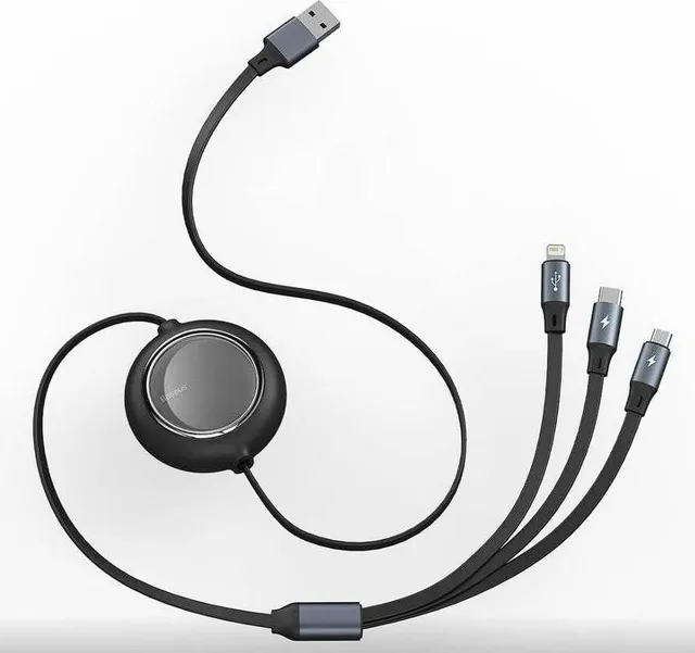 Cablu Baseus Bright Mirror 2 One-for-three Retractable, USB A/ USB C, 1.1 m, Negru
