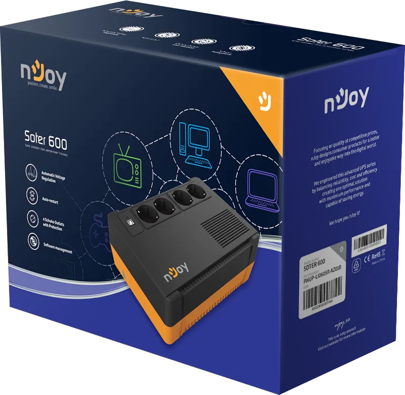 UPS nJoy Soter 600, 600VA/ 360W, 4 Prize Schuko cu protectie