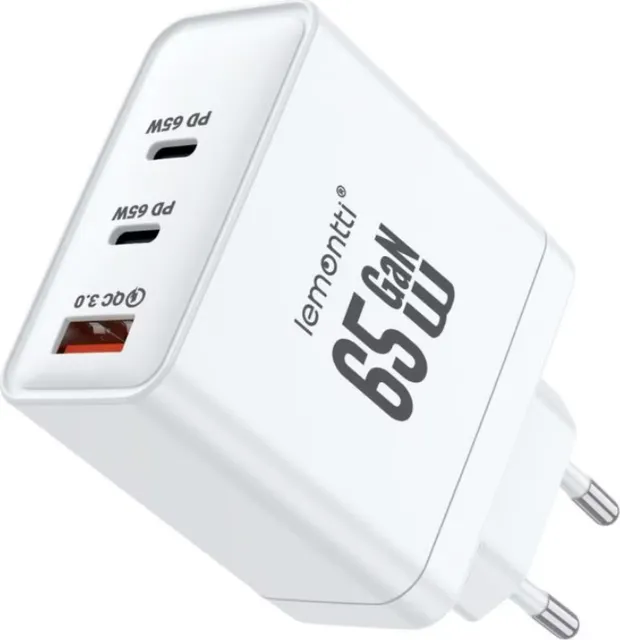 Lemontti Încărcător Rețea GaN 65W 2x USB-C 1x USB-A Fast Charge Alb