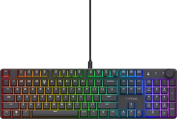 Tastatura mecanica Trust GXT 866 Torix cu fir, swtich linear, 104 butoane, full RGB — Resigilat