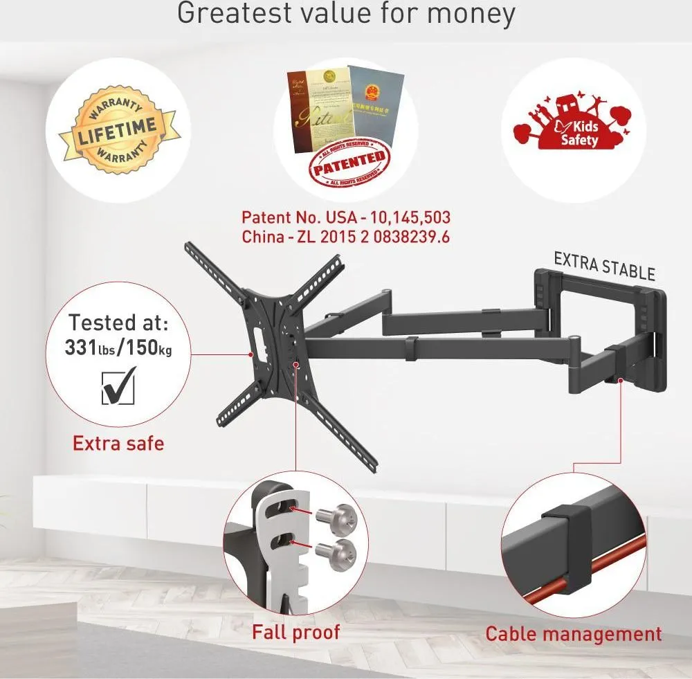 Suport TV plat/curbat de perete cu 2 brate Barkan BM464XL, 13"- 83", Max 50kg, VESA 600x400, negru