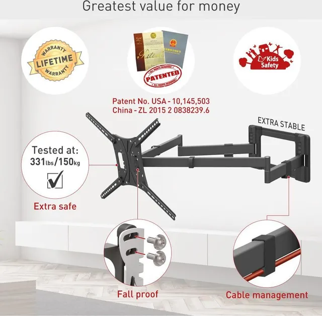 Suport TV plat/curbat de perete cu 2 brate Barkan BM464XL, 13"- 83", Max 50kg, VESA 600x400, negru