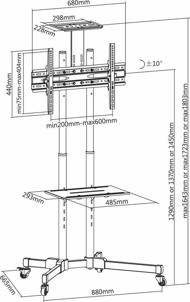 Stand TV mobil Akai 37"-70", inclinatie +10/-10°, VESA 600x400, 50kg, negru