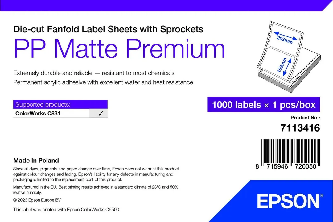 Etichete PP Matte Label Premium, Die-cut Fanfold Sheets with Sprockets, 203mm x 152mm, 1000 Labels