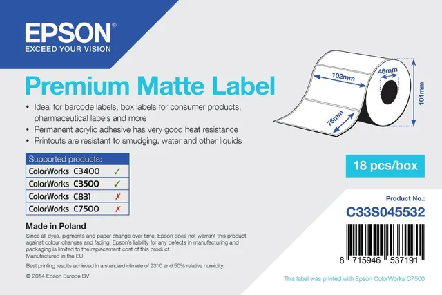 Etichete Premium Matte Label ROLL 102mmx76mm 650 Labels C 3500 C3400
