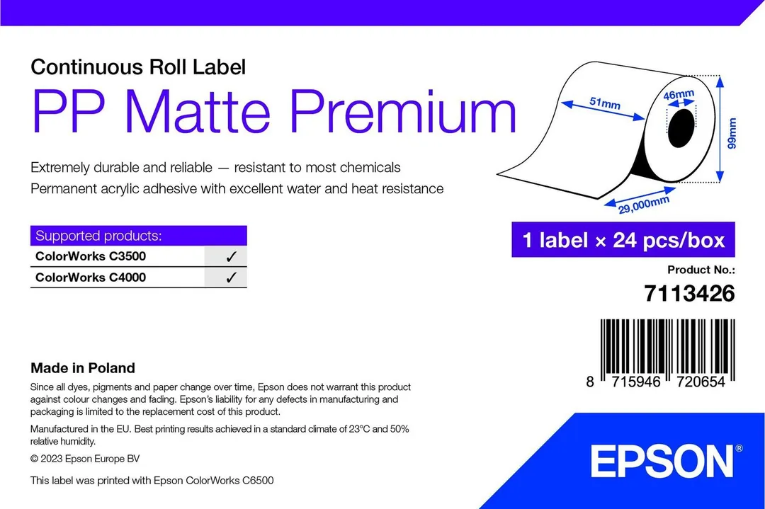 Etichete PP Matte Label Premium, Continuous Roll, 51mm x 29m