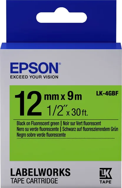 Epson Label Cartridge Fluorescent LK-4GBF Black/Green 12mm (9m)