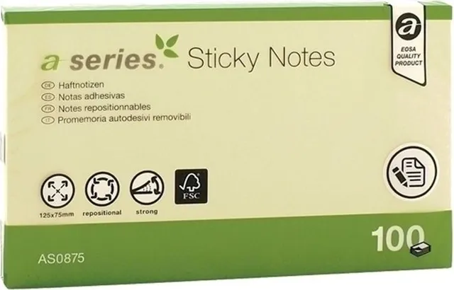 Notite adezive, A-Series, 125 x 75 mm, galben, 100 file
