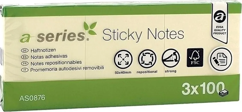 Notite adezive, A-Series, 50 x 40 mm, galben, 100 file, 3 bucati/set