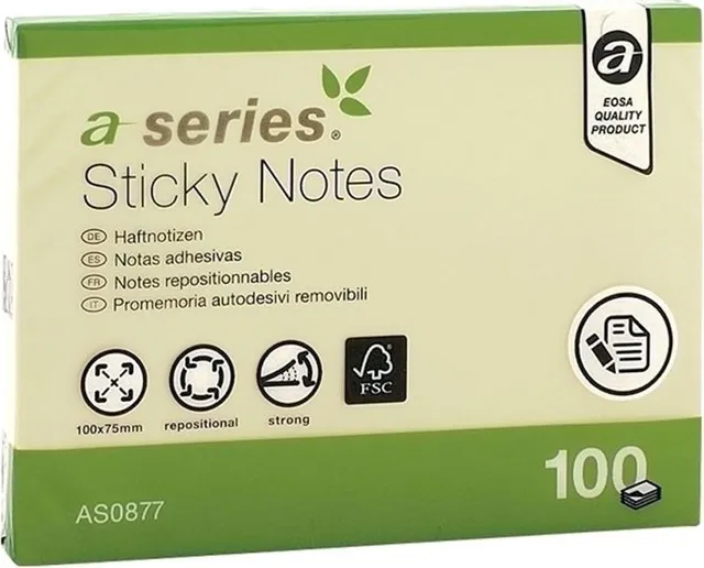 Notite adezive, A-Series, 100 x 75 mm, galben, 100 file