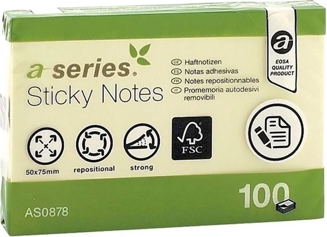 Notite adezive, A-Series, 50 x 75 mm, galben, 100 file